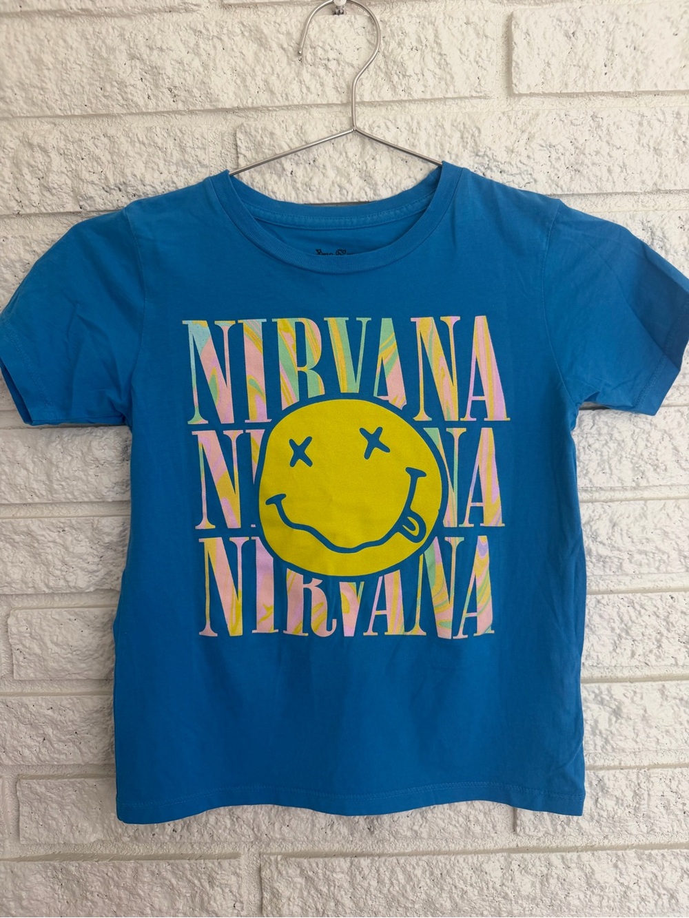 Rowdy Sprout Nirvana Blue Tee with Yellow Smile Graphic